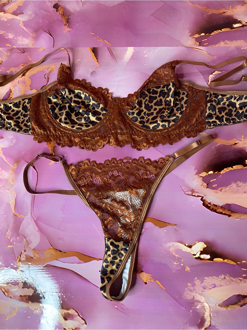 🎀 Leopard Lace Underwire Lingerie Set Bra & Thong in Chestnut Brown 🎀 NWT